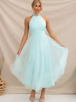 Tulle Midi Dress Halter Pleated Empire Waist Open Back Elegant Prom Dresses