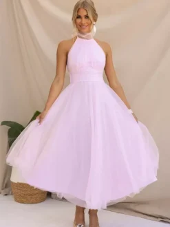 Tulle Midi Dress Halter Pleated Empire Waist Open Back Elegant Prom Dresses
