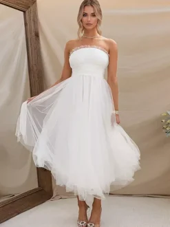 Tulle Dresses Strapless Pleated Off The Shoulder Layered Prom Midi Dress