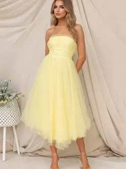 Tulle Dresses Strapless Pleated Off The Shoulder Layered Prom Midi Dress