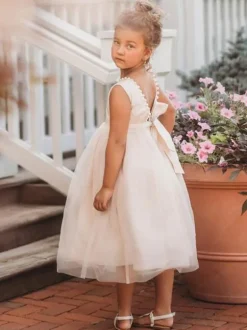 Tulle Flower Girl Dresses Champagne Jewel Neck Sleeveless Knee Length Princess Silhouette Party Dress Kids Sash Pageant Dresses Free Customization