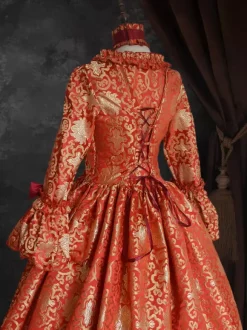 Ture Red Retro Tudor Dress Costumes Lace Up Satin Fabric Floral Print Dress Girl's Gothic Marie Antoinette Costume Set Vintage Clothing Burgundy