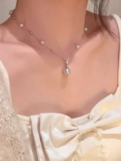Two Tone Pink White Pearl Station Chain Necklace Thin Silver Chain Drop Pendant Jewelry