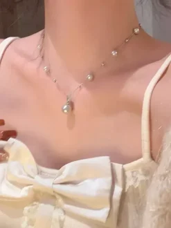 Two Tone Pink White Pearl Station Chain Necklace Thin Silver Chain Drop Pendant Jewelry