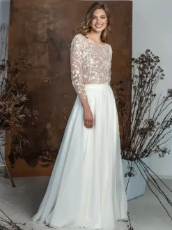 Two-piece wedding dress Chiffon Jewel Neck Two-piece Floor-Length Wedding Dress Functional Buttons Long Sleeves Floor Length