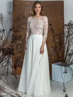 Two-piece wedding dress Chiffon Jewel Neck Two-piece Floor-Length Wedding Dress Functional Buttons Long Sleeves Floor Length