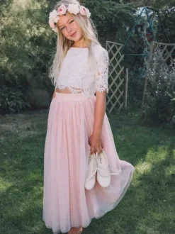 Two-piece Wedding Flower Girl Dresses Special Occasion Dresses Pink Short Sleeves Lace