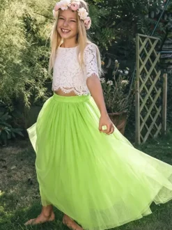 Two-piece Wedding Flower Girl Dresses Special Occasion Dresses Pink Short Sleeves Lace