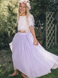 Two-piece Wedding Flower Girl Dresses Special Occasion Dresses Pink Short Sleeves Lace