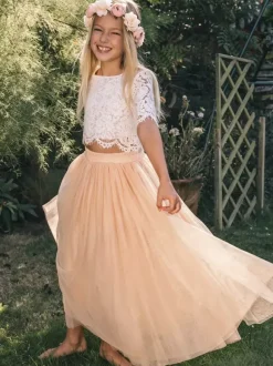 Two-piece Wedding Flower Girl Dresses Special Occasion Dresses Pink Short Sleeves Lace