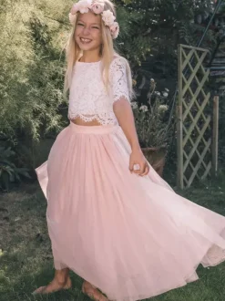 Two-piece Wedding Flower Girl Dresses Special Occasion Dresses Pink Short Sleeves Lace