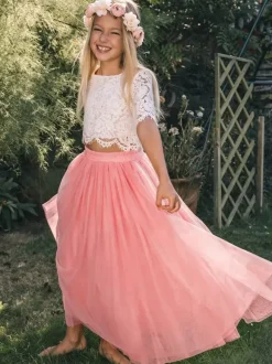 Two-piece Wedding Flower Girl Dresses Special Occasion Dresses Pink Short Sleeves Lace