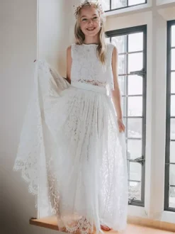 Two-Piece White Flower Girl Dresses White Lace Sleeveless Jewel Neck Flower Girl Dresses