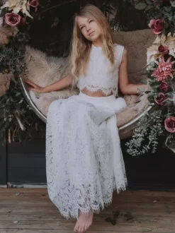 Two-Piece White Flower Girl Dresses White Lace Sleeveless Jewel Neck Flower Girl Dresses