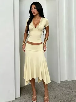 Two Piece Outfit Deep V Lace Neck Slim Crop Top Hanky Hem Mermaid Skirt Sets