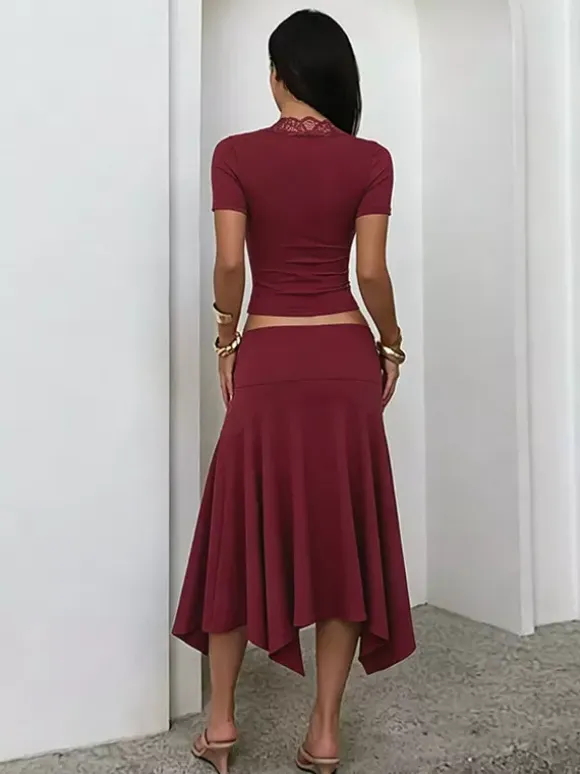 Two Piece Outfit Deep V Lace Neck Slim Crop Top Hanky Hem Mermaid Skirt Sets