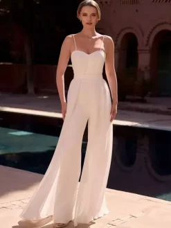 Two-Pieces Bridal Jumpsuit Chiffon Pleated Floor-Length Jumpsuit Sleeveless wih Removable Shawl
