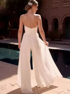 Two-Pieces Bridal Jumpsuit Chiffon Pleated Floor-Length Jumpsuit Sleeveless wih Removable Shawl