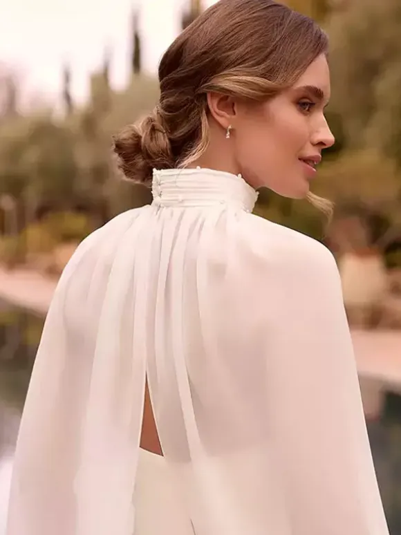 Two-Pieces Bridal Jumpsuit Chiffon Pleated Floor-Length Jumpsuit Sleeveless wih Removable Shawl