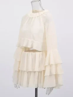 Two Piece Sets Apricot Casual Party Jewel Neck Long Sleeves Top Skirt Set