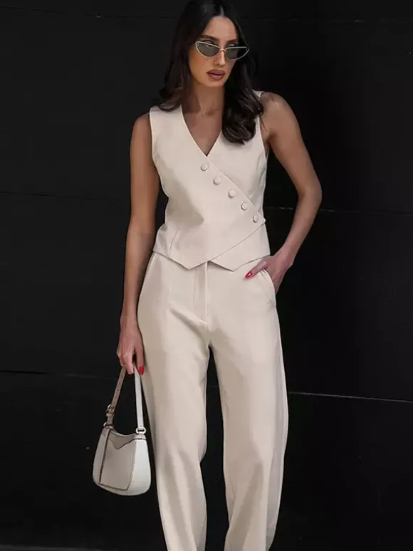 Two Piece Sets Apricot Daily Casual V-Neck Sleeveless Top Pant Set