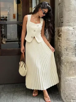 Two Piece Sets Apricot Dating Chic Jewel Neck Sleeveless Skirt Set