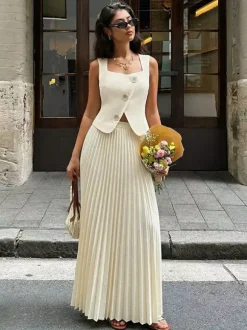 Two Piece Sets Apricot Dating Chic Jewel Neck Sleeveless Skirt Set
