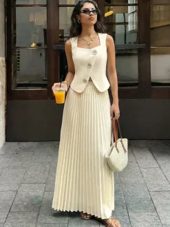 Two Piece Sets Apricot Dating Chic Jewel Neck Sleeveless Skirt Set