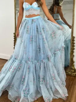 Two Piece Sets Apricot Printed Party Lace Chic Straps Neck Sleeveless Skirt Set