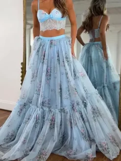 Two Piece Sets Apricot Printed Party Lace Chic Straps Neck Sleeveless Skirt Set