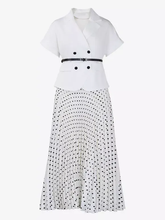 Two Piece Sets Black Casual Polka Dot Street Wear Turndown Collar Short Sleeves Skirt Set
