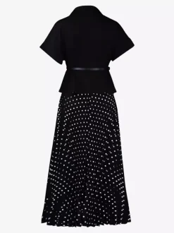Two Piece Sets Black Casual Polka Dot Street Wear Turndown Collar Short Sleeves Skirt Set
