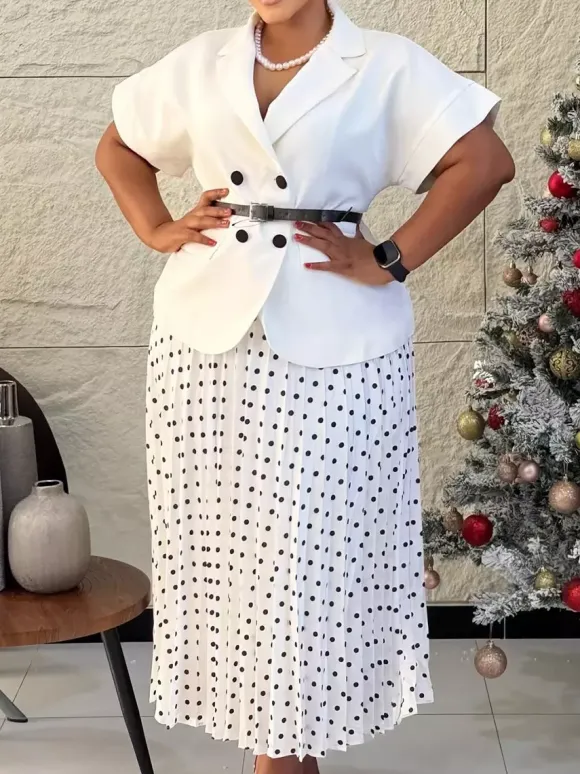Two Piece Sets Black Casual Polka Dot Street Wear Turndown Collar Short Sleeves Skirt Set