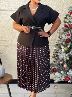 Two Piece Sets Black Casual Polka Dot Street Wear Turndown Collar Short Sleeves Skirt Set