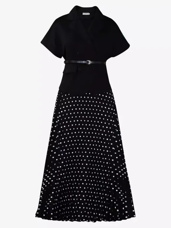 Two Piece Sets Black Casual Polka Dot Street Wear Turndown Collar Short Sleeves Skirt Set