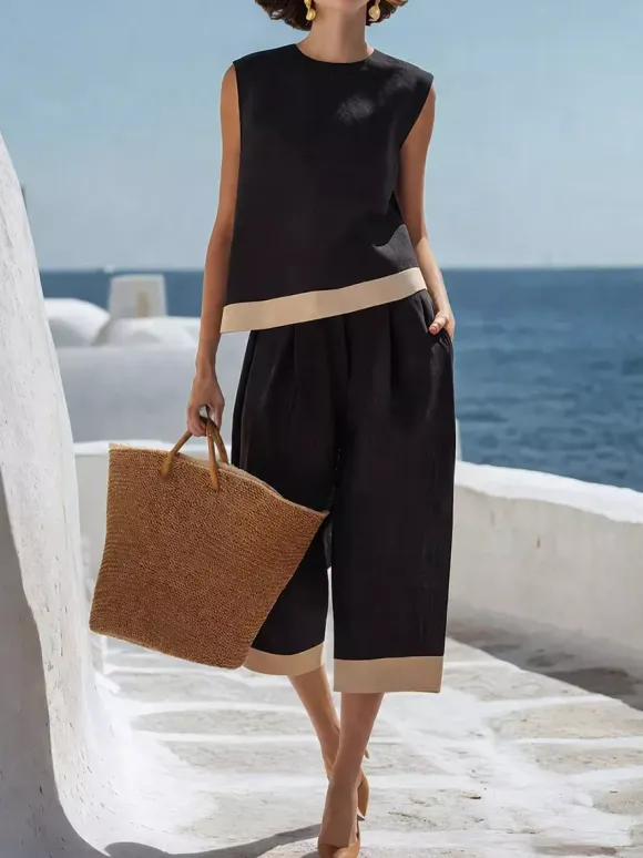 Two Piece Sets Black Casual Street Wear Jewel Neck Sleeveless Pant Top Set
