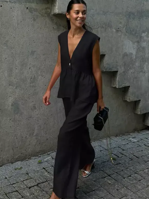 Two Piece Sets Black Daily Casual Cotton V-Neck Sleeveless Casual Pant Set