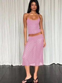 Two Piece Sets Black Polka Dot Sexy Straps Neck Sheer Sleeveless Skirt Set