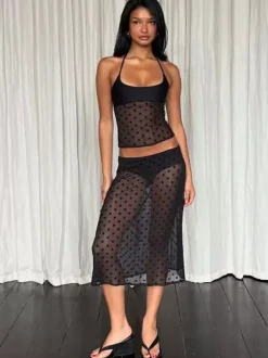 Two Piece Sets Black Polka Dot Sexy Straps Neck Sheer Sleeveless Skirt Set