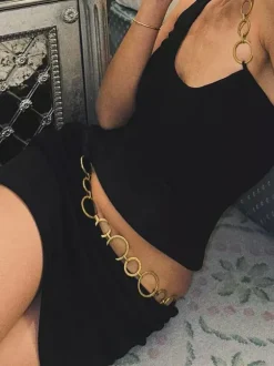 Two Piece Sets Black Resort Wear Chains Sexy Halter Asymmetrical Sleeveless Skirt Set