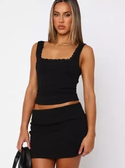 Two Piece Sets Black Sexy Lace Daily Casual Polyester Straps Neck Sleeveless Skirt Set