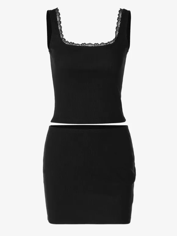 Two Piece Sets Black Sexy Lace Daily Casual Polyester Straps Neck Sleeveless Skirt Set
