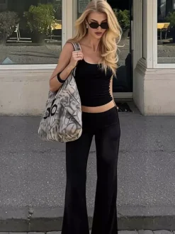 Two Piece Sets Black Silk Spaghetti Strap Crop Cami High Waist Flare Pants Set