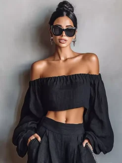 Two Piece Sets Black Strapless Poet Sleeves Long Sleeves Pant Set