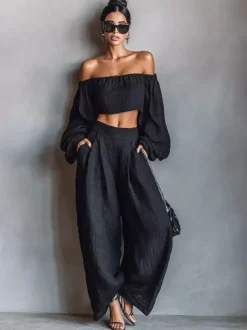 Two Piece Sets Black Strapless Poet Sleeves Long Sleeves Pant Set