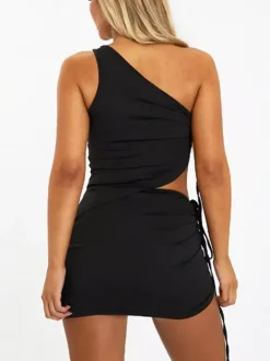 Two Piece Sets Black Street Wear Sexy Drawstring Sleeveless Skirt Set