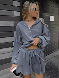 Two Piece Sets Blue Casual Street Wear V-Neck Long Sleeves Pant Set