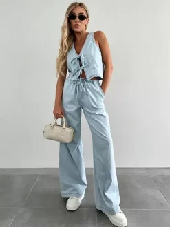 Two Piece Sets Blue Casual Street Wear V-Neck Sleeveless Pant Set
