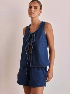 Two Piece Sets Blue Casual Street Wear Cotton Jewel Neck Sleeveless Pant Set