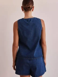 Two Piece Sets Blue Casual Street Wear Cotton Jewel Neck Sleeveless Pant Set